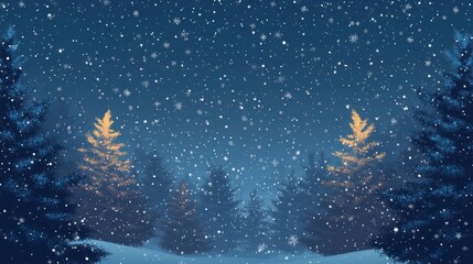 Naklejka premium Christmas Background,Winter Night sky dark blue with starry,snowy in woodland landscape with firs,coniferous forest pine and falling snow,Vector with generative ai