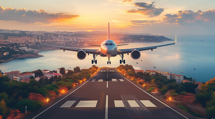 An airplane making a landing to the airport located near the sea.
