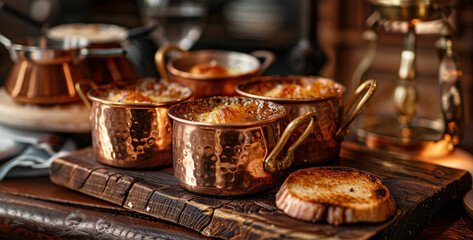 Miniature copper pots with French onion soup. Parisian cafe terrace setting. with space for text 