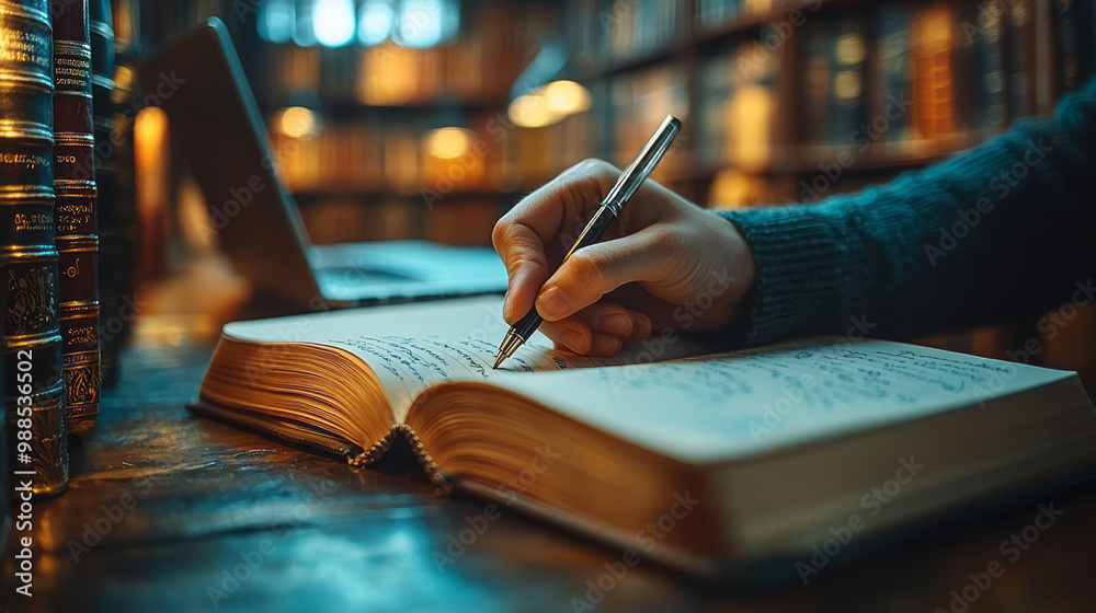 Poster a close-up of a hand writing in a notebook with books and a laptop in the background,