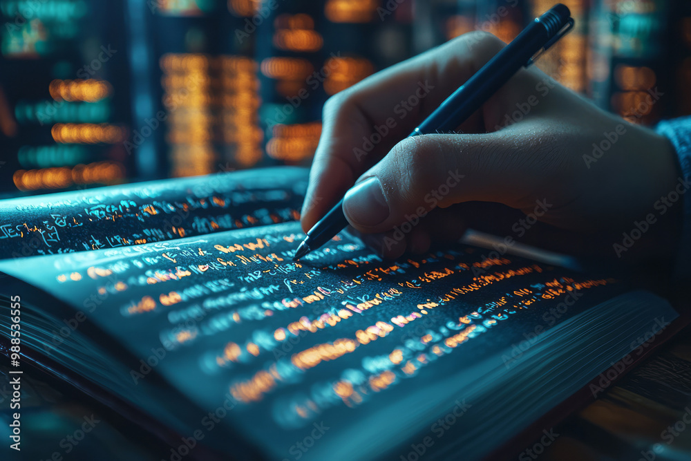Aufkleber a close-up of a hand taking notes in a journal, with a laptop and textbooks open on the desk,