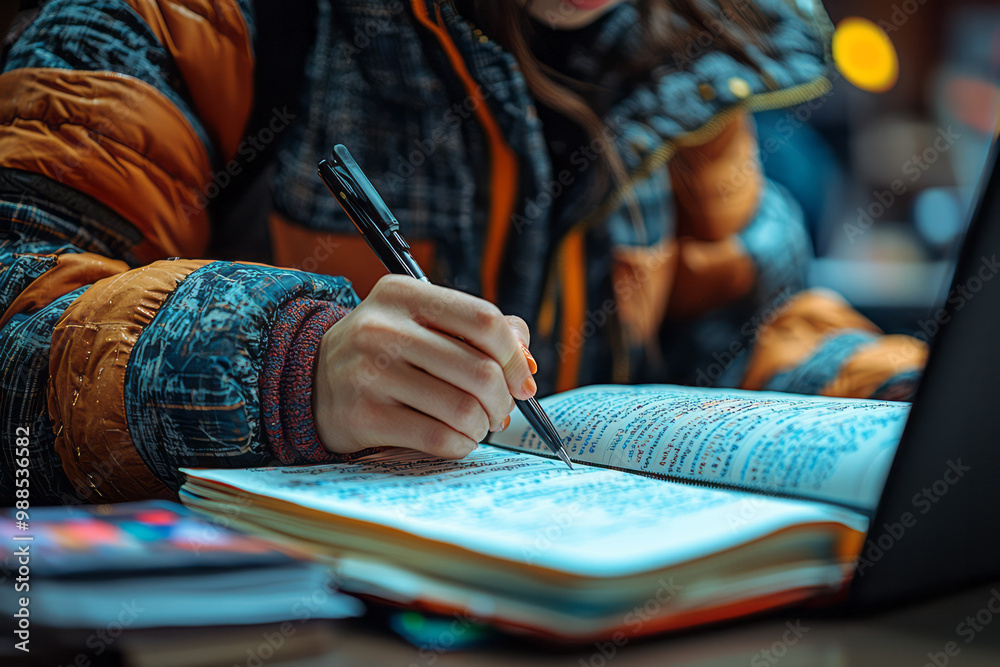 Poster a close-up of a hand taking notes in a journal, with a laptop and textbooks open on the desk,