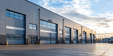 A row of industrial buildings with large garage doors.