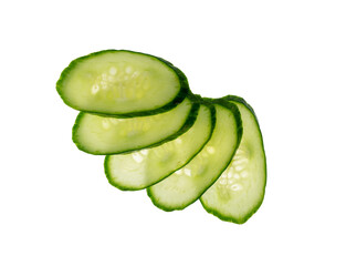 Cucumber cut isolated, cucumber round slices macro, green vegetable cuts for salad isolated, fresh...