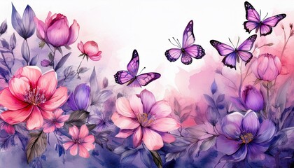 "Watercolor Floral and Butterfly Scene – This beautifully crafted watercolor artwork showcases vibrant pink and purple flowers, complemented by fluttering butterflies in matching hues.