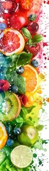 Colorful array of fresh fruits and vegetables with splashes of paint, vibrant and stunning, on a white background.