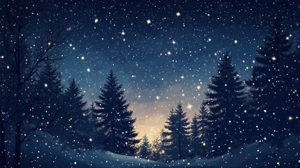 Naklejka premium Christmas Background,Winter Night sky dark blue with starry,snowy in woodland landscape with firs,coniferous forest pine and falling snow,Vector with generative ai