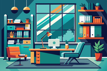 A contemporary office space featuring stylish furniture, a desk, and vibrant decor that inspires productivity, Abstract sleek and stylish office furniture.