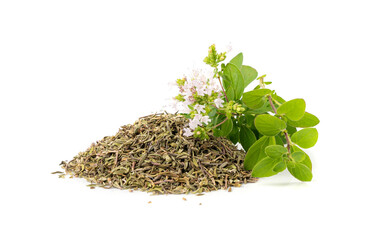 Dry thyme isolated, dried marjoram, oregano pile, ground crushed thyme seasoning, thyme leaves