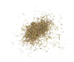 Dry thyme isolated, dried marjoram, oregano pile, ground crushed thyme seasoning, thyme leaves