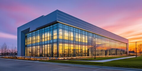 A modern industrial building complex at sunset.