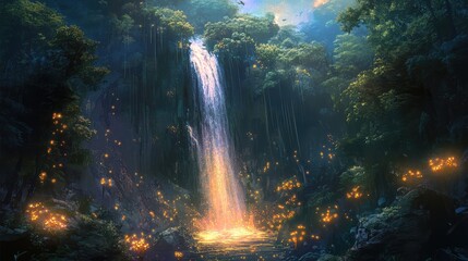 A mystical waterfall that flows upwards into the sky, defying gravity, with strange glowing plants growing around its base.