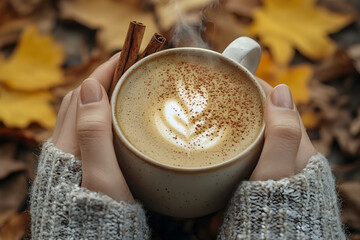 Cozy autumn moment with hands holding a steaming cup of coffee surrounded by fall leaves and cinnamon sticks