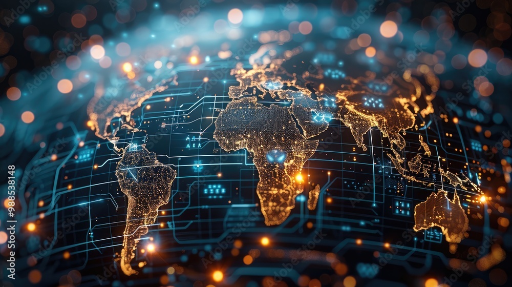 Aufkleber digital planet earth background with connected technology devices and icons.