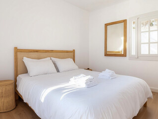 Bedroom with a cozy grey bed, mirror and a wood handmade wardrobe