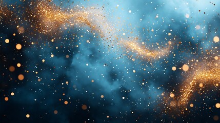 Modern New Year card a pastel blue background with abstract gold brush strokes and shimmering confetti giving a stylish yet minimalistic festive design