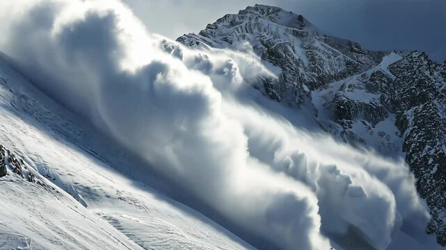 Massive avalanche sweeps down snow-covered mountain in the Alps during winter storm