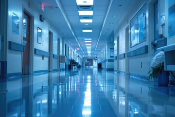 Obraz premium Sunlit Hospital Corridor with Windows, Clean Floors, and Modern Design