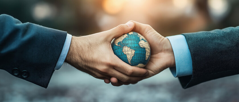 Two hands shaking over a small globe, symbolizing partnership, unity, and global cooperation in a vibrant outdoor setting.