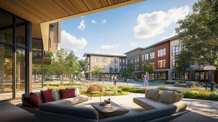 Vibrant and Modern Urban Plaza with Lush Greenery and Cozy Seating Areas