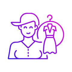 A woman is smiling and holding a dress. The dress is hanging on a hanger. The image is of a fashion model