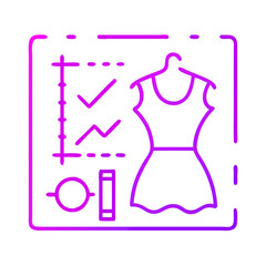 A purple and white graphic of a dress with a measuring tape and a pair of scissors. The dress is being measured and the tape is being used to measure the waist