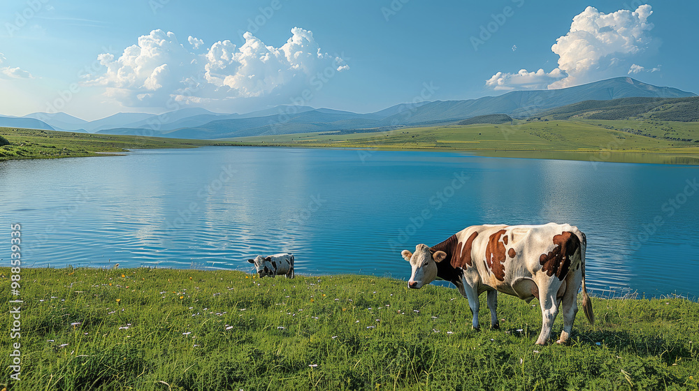 Wall mural a few cows leisurely graze on the lush green grass, their black-and-white or brown coats glistening 