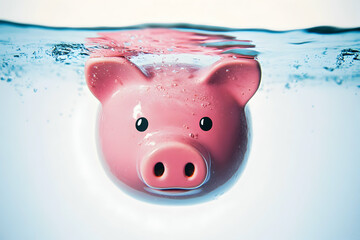 Piggy bank submerged in water, symbolizing financial crisis.