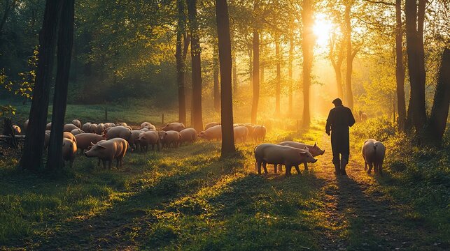 A Farmer Leading Pigs Through a Forest at Sunset - Powered by Adobe