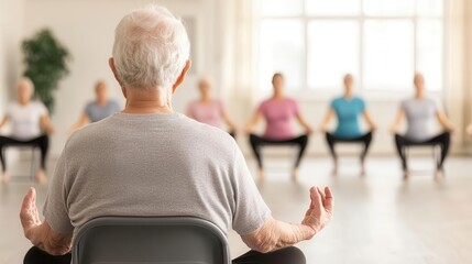 Elderly group doing seated forward bends on chairs, instructor guiding them in a calm setting, Elderly group, forward bend, yoga instructor