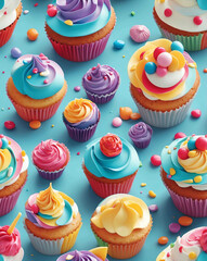 Colorful cupcakes with whimsical frosting seamless design pattern wallpaper