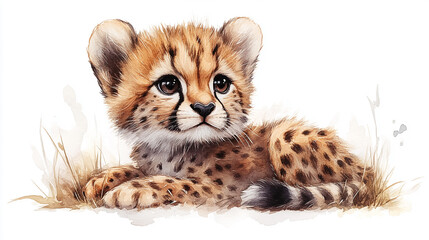 Obraz premium A charming baby cheetah rests gracefully in the grass, showcasing captivating spots and a playful expression.
