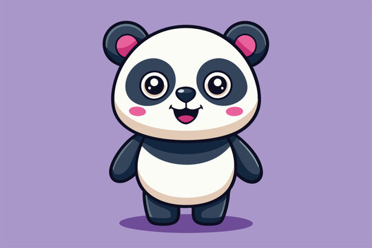 A cute panda character smiles brightly, showcasing a joyful expression on a soft purple background, a cartoon character Adorable panda