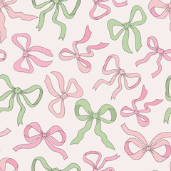 Cute Xmas ribbon bows vector seamless pattern. Coquette Christmas background.