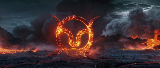 Taurus symbol crafted from glowing lava, set in a volcanic landscape with dark smoke swirling in the background, no blur, detailed