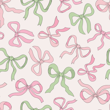 Cute Xmas ribbon bows vector seamless pattern. Coquette Christmas background.