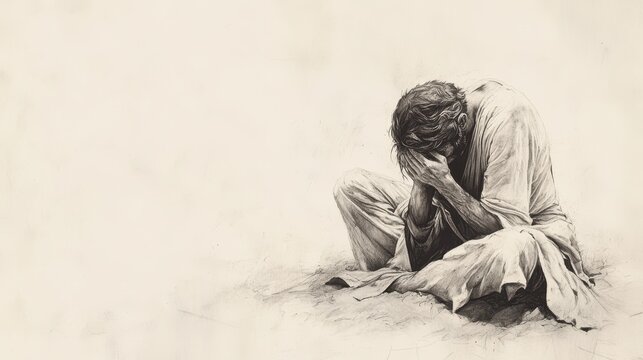 Biblical Illustration of Job’s Lament - Overcome by Grief, Reflecting on His Suffering, Beige Background