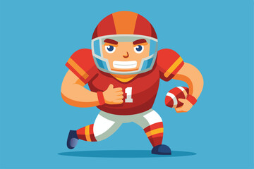Cartoon athlete sprints on a blue background, gripping a football confidently as he charges ahead, a cartoon character American football player