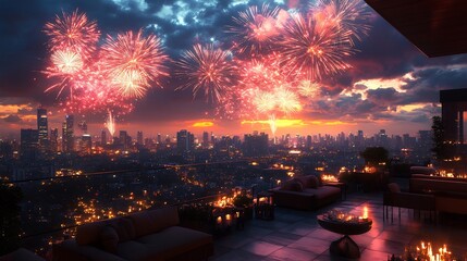 Modern New Year celebration background a cityscape view illuminated by dazzling fireworks and a vibrant party scene on a rooftop