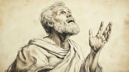 Fototapeta premium Job’s Challenge to Divine Justice - Biblical Illustration of Job Questioning Suffering and the Wicked’s Prosperity, Beige Background