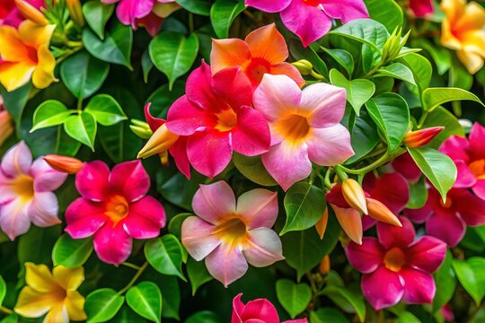 Vibrant dipladenia blooms spill over a lush green background, radiating tropical elegance and sophistication, perfect