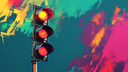 A traffic light with a yellow light on, against a background of abstract brushstrokes in vibrant colors.