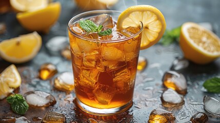 A glass of iced tea with lemon slices and mint leaves.