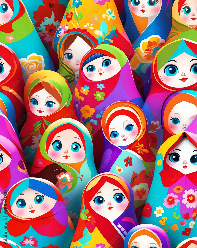 Wall mural Russian babushka dolls with cultural significance seamless design pattern