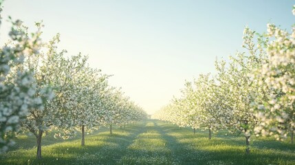 A peaceful orchard in full bloom, with rows of flowering fruit trees standing against a clear blue sky.