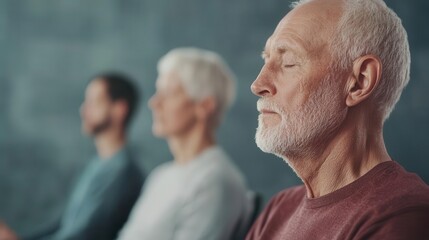Elderly men and women in a group chair yoga session, focusing on deep breathing and posture, Senior group, breathing exercises, chair yoga