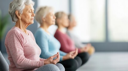 Elderly participants seated in a yoga class, lifting their knees one at a time, concentrating on movement, Senior group, knee lifts, chair yoga