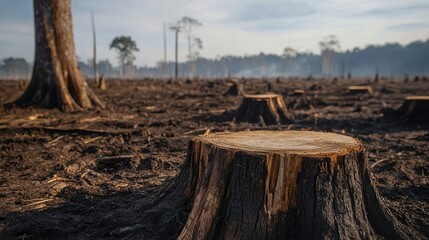 Obraz premium Deforestation Impact on Barren Land with Tree Stumps