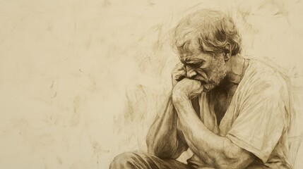 Fototapeta premium Job’s Quiet Contemplation Illustrated - Reflecting on the Meaning of Suffering with a Mixture of Pain and Resilience, Beige Background