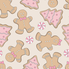 Cute pink gingerbread cookies vector seamless pattern. Coquette Christmas background.